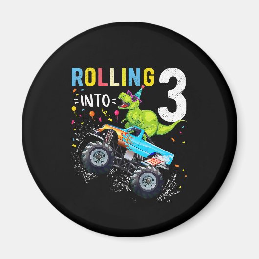 3 jaar oude verjaardag Dinosaur Monster Truck Fami Magneet (Voorkant)