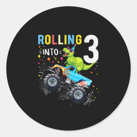 3 jaar oude verjaardag Dinosaur Monster Truck Fami Ronde Sticker (Voorkant)