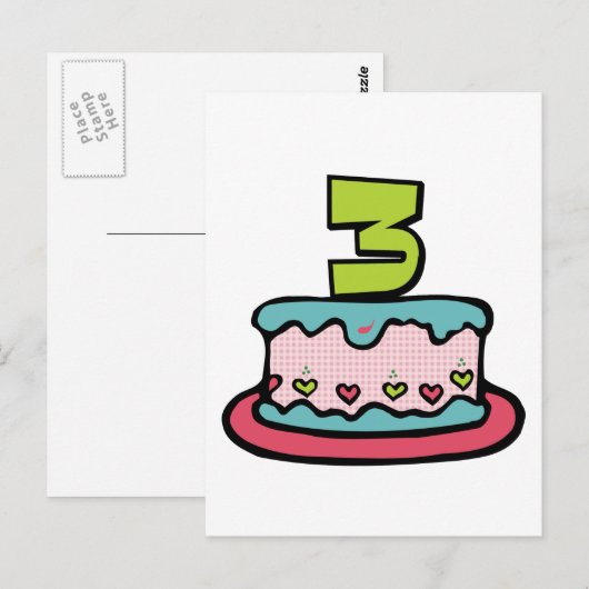 3 jaar oude verjaardagsCake Briefkaart (Voorkant / Achterkant)