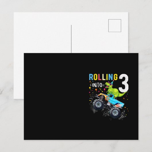 3 Jaar Verjaardag Dinosaurus Monstertruck Familie  Briefkaart (Voorkant / Achterkant)