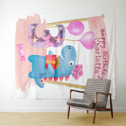 3 jaar zaterdag gepersonaliseerde Cute Girly Dinos Wandkleed (In Situ (horizontaal))