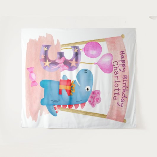 3 jaar zaterdag gepersonaliseerde Cute Girly Dinos Wandkleed (Voorkant (horizontaal))