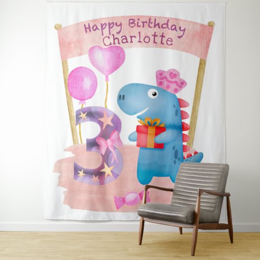 3 jaar zaterdag gepersonaliseerde Cute Girly Dinos Wandkleed (In situ)