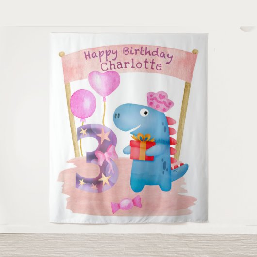 3 jaar zaterdag gepersonaliseerde Cute Girly Dinos Wandkleed (Voorkant)