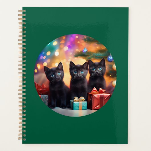 3 Jonge Zwarte Kittens met Blauwe Ogen Kerst Scene Planner (Voorkant)