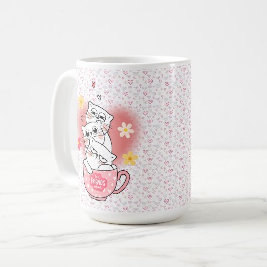 3 katten met bloemen en een mok (Voorkant links)