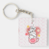 3 katten met bloemen en een mok sleutelhanger (voorkant)