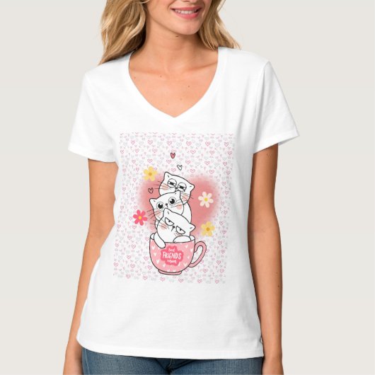3 katten met bloemen en een mok t-shirt (Voorkant)