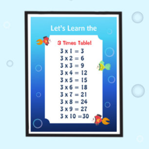 3 Keer Tafel Poster voor Kinderen Oceaan Wiskund