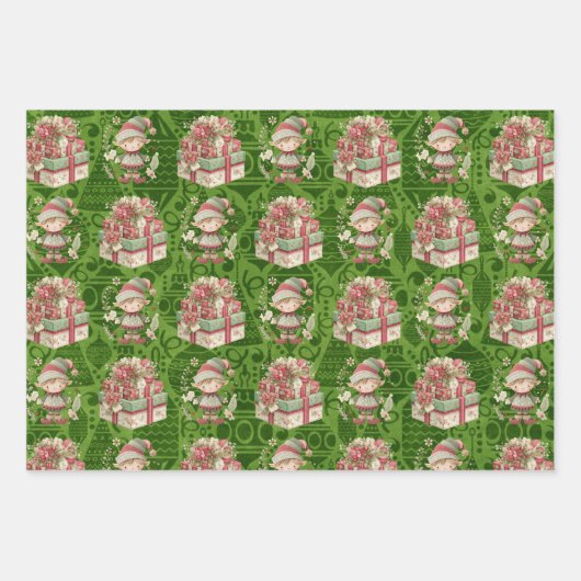 3 Kerst Elf Cadeaus Inpakpapier Vel (Voorkant 3)