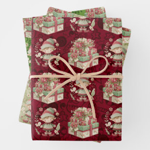 3 Kerst Elf  Cadeaus Inpakpapier Vel