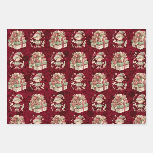 3 Kerst Elf  Cadeaus Inpakpapier Vel (Voorkant)