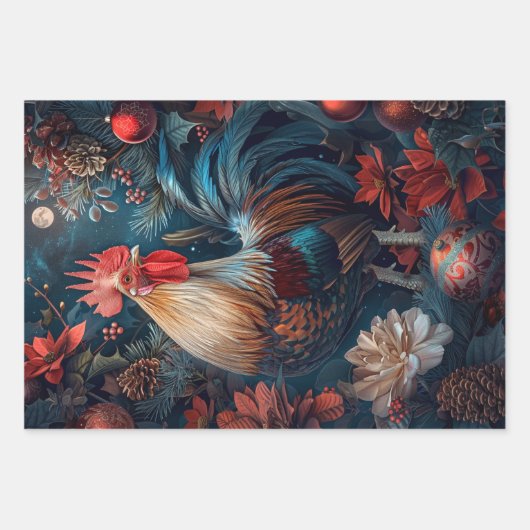 3 Kerst Haan Decoupage Inpakpapier Vel (Voorkant)