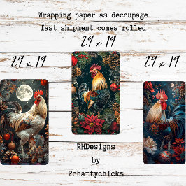 3 Kerst Haan Decoupage Inpakpapier Vel