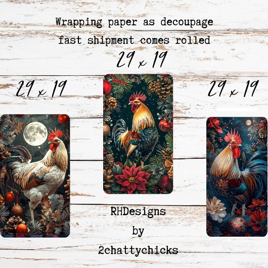 3 Kerst Haan Decoupage Inpakpapier Vel