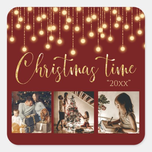 3 Kerstmis met foto's Collage Rustic String Vierkante Sticker (Voorkant)