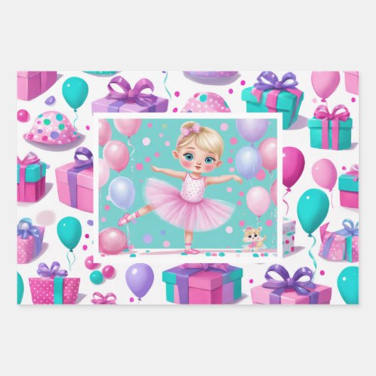 3 klein meisje ballerina coördinerende giftwrap inpakpapier vel (Voorkant)