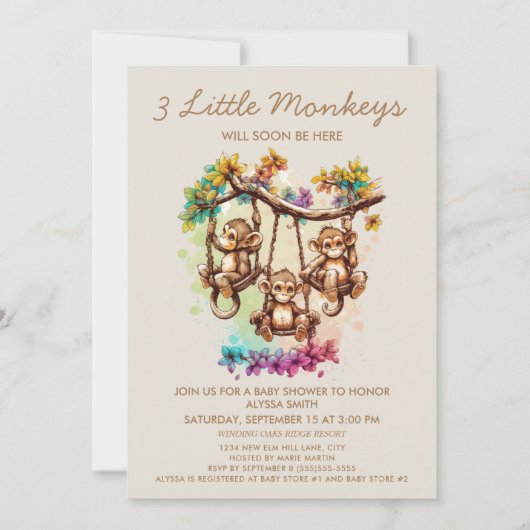 3 Kleine Apen Triplet Baby shower Kaart (Voorkant)