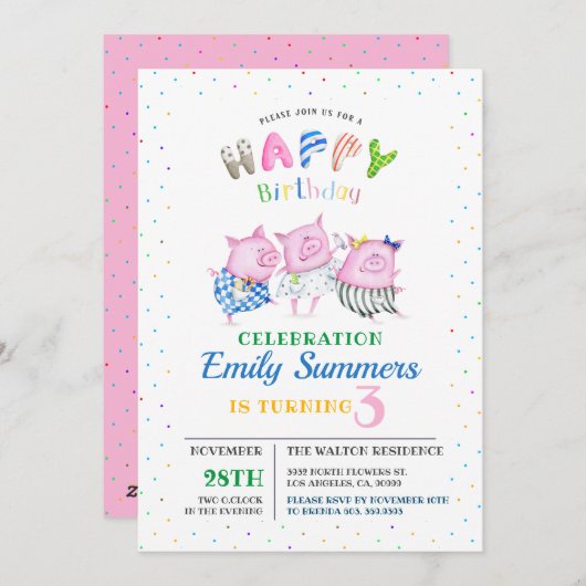 3 kleine baby varkens Gelukkige Verjaardag schatti Feestdagenkaart (Voorkant / Achterkant)