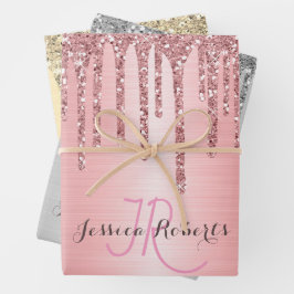 3 Kleur Chic Monogram Girly Glitter Drips Inpakpapier Vel
