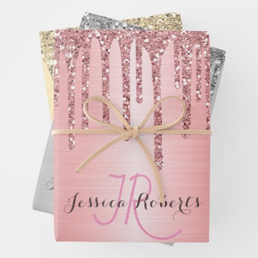 3 Kleur Chic Monogram Girly Glitter Drips Inpakpapier Vel (In situ)