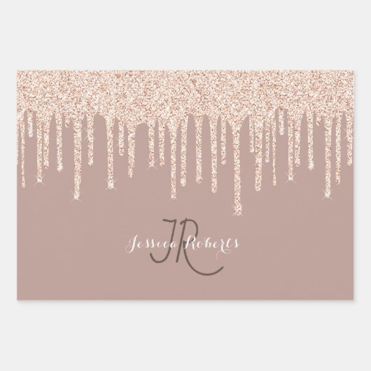 3 Kleur Chic Monogram Girly Glitter Drips Inpakpapier Vel (Voorkant 2)