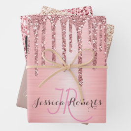 3 Kleur Chic Monogram Girly Glitter Drips Inpakpapier Vel