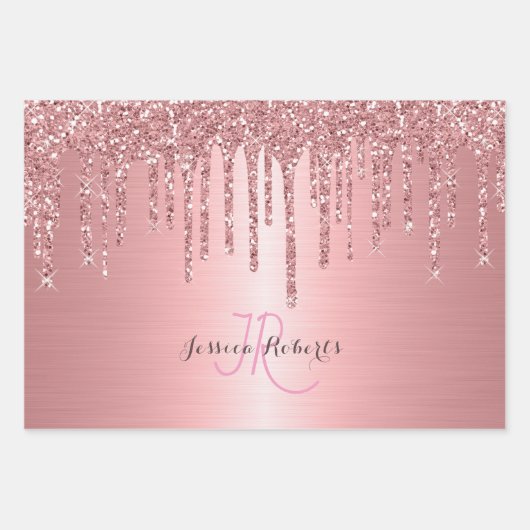 3 Kleur Chic Monogram Girly Glitter Drips Inpakpapier Vel (Voorkant)