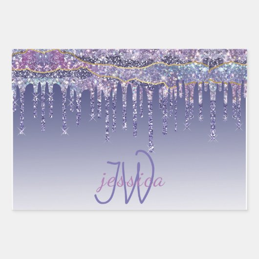 3 Kleur Chic Monogram Meisje Paarse Glitter Drips Inpakpapier Vel (Voorkant 3)