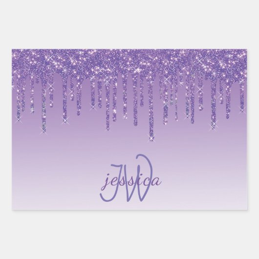 3 Kleur Chic Monogram Meisje Paarse Glitter Drips Inpakpapier Vel (Voorkant 2)