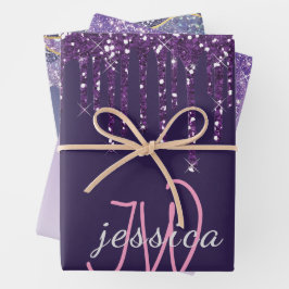 3 Kleur Chic Monogram Meisje Paarse Glitter Drips Inpakpapier Vel