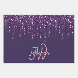 3 Kleur Chic Monogram Meisje Paarse Glitter Drips Inpakpapier Vel
