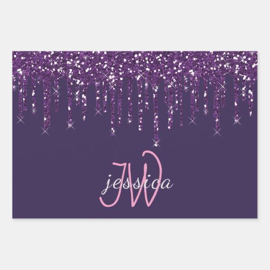 3 Kleur Chic Monogram Meisje Paarse Glitter Drips Inpakpapier Vel (Voorkant)