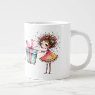 * 3 Kleurrijke Whimsical Kerst Meisje Cadeau AP97 Grote Koffiekop