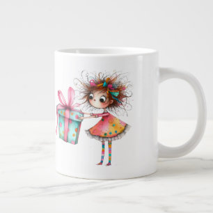*  3 Kleurrijke Whimsical Kerst Meisje  Cadeau AP9 Grote Koffiekop