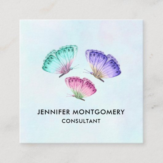 3 Kute Colorful Pastel Waterverf Butterflies Vierkante Visitekaartje (Voorkant)