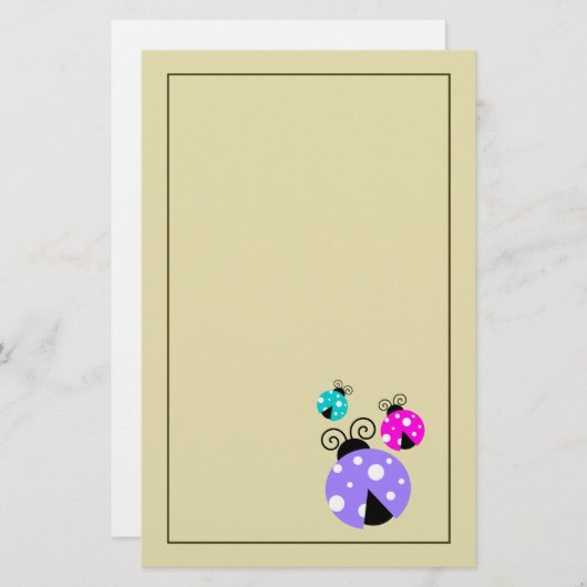 3 Ladybugs in Paarse roze en blauw Briefpapier (Voorkant / Achterkant)