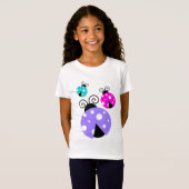 3 Ladybugs in Paarse roze en blauw T-shirt (Voorkant volledig)
