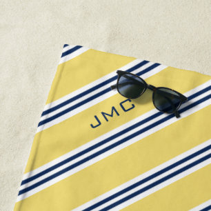 3-Letter Monogram Geel en Blauw Stripes Strandlaken