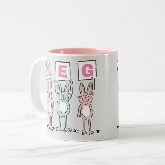 3 Letter-naam Fun Rabbits Design Tweekleurige Koffiemok (Voorkant links)