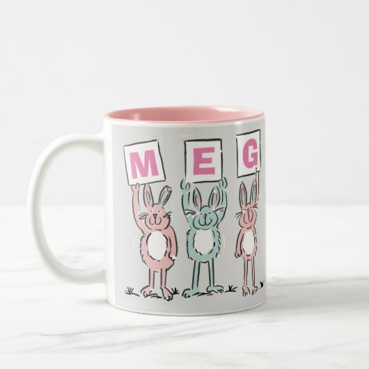 3 Letter-naam Fun Rabbits Design Tweekleurige Koffiemok (Links)