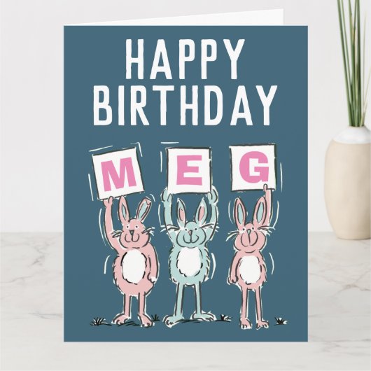 3 Letterbenaming Happy Birthday Rabbits Kaart (Voorkant)