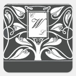 3-letterige monogram met zwart-witte bladeren vierkante sticker