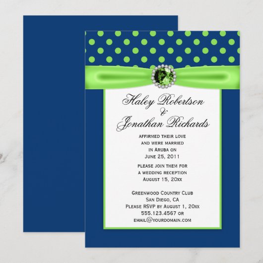 #3 Marine Blauw en Lime Groene Polka Dots Trouwen Kaart (Voorkant / Achterkant)