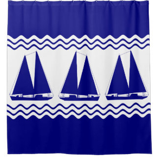 3 marineblauw en witte kustvaartuigen douchegordijn