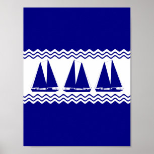 3 marineblauw en witte kustvaartuigen poster