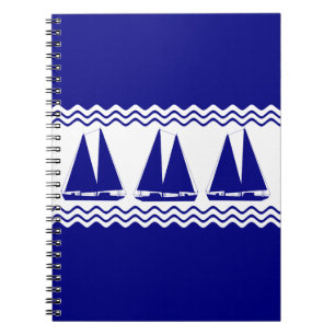 3 marineblauw en witte kustzeilboten notitieboek