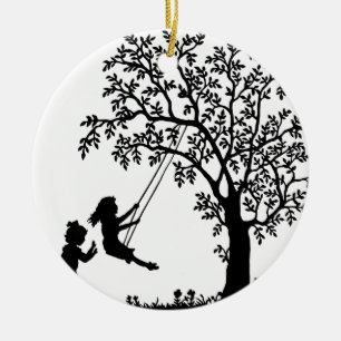 3 Meisjes, die op Boom zwaaien en bloemen Keramisch Ornament