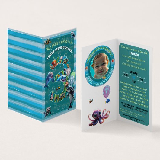 3-Mendous Party Custom Vertical Birthday Invite Visitekaartje (Binnen en buitenkant)