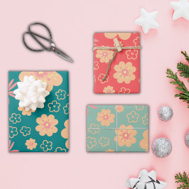 3 Mix kerstkleuren Floral Pattern Inpakpapier Vel